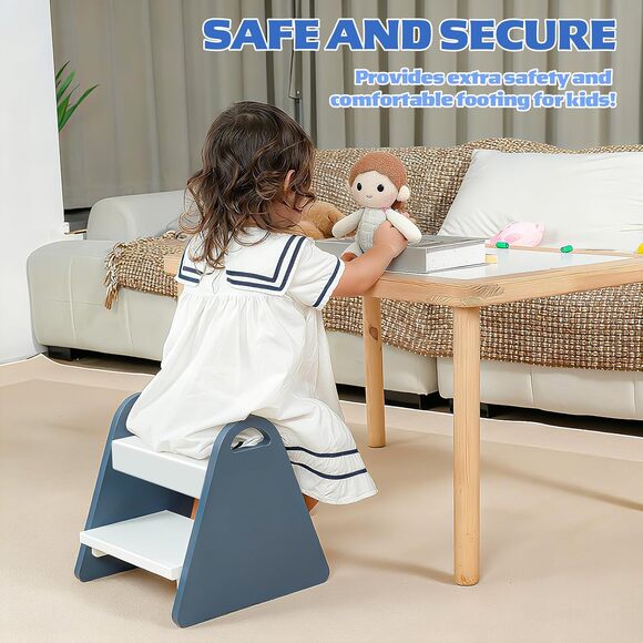 Toddler Step Stool for Kids Safe Wooden Two-Step Stool w/ Handles, Non-Slip,Blue - Picture 6 of 7